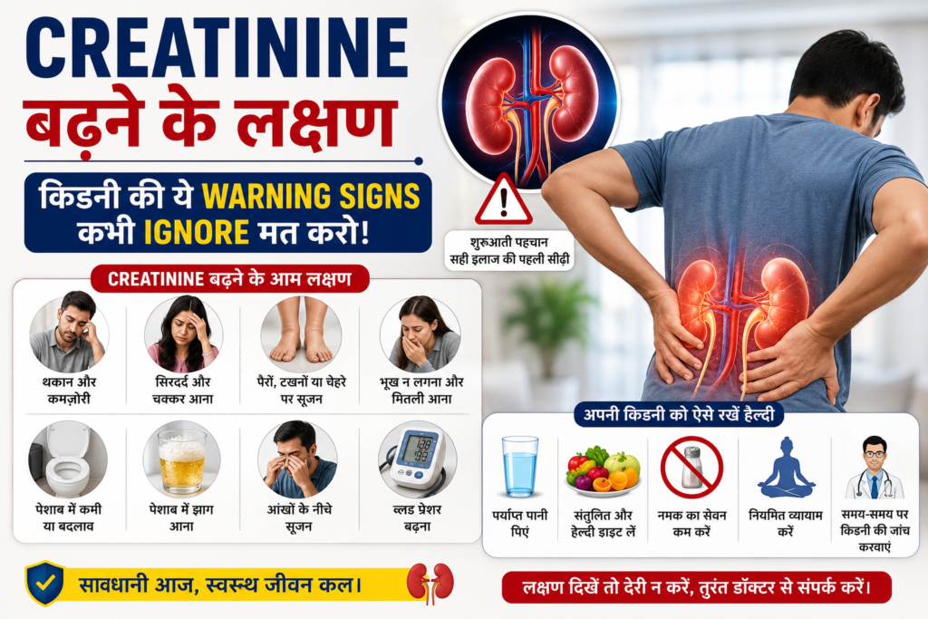 Creatinine badhne ke lakshan aur kidney warning signs in Hindi.