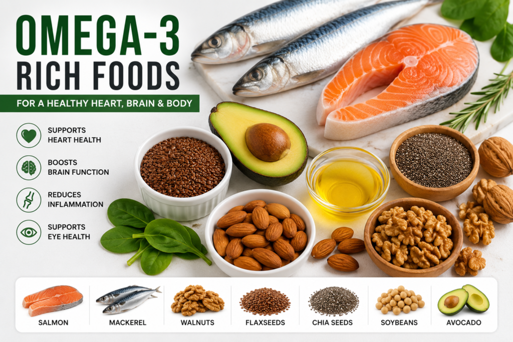 Omega-3 rich foods for heart and brain health.