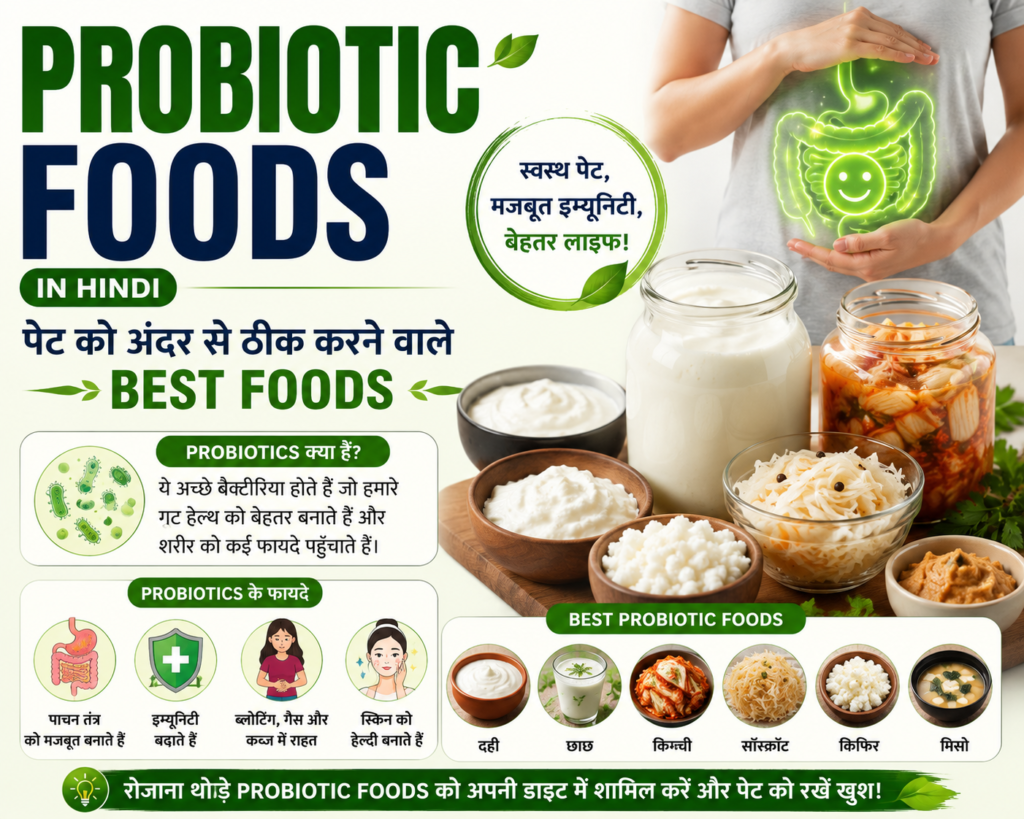 Probiotic foods for gut health and better digestion in Hindi.