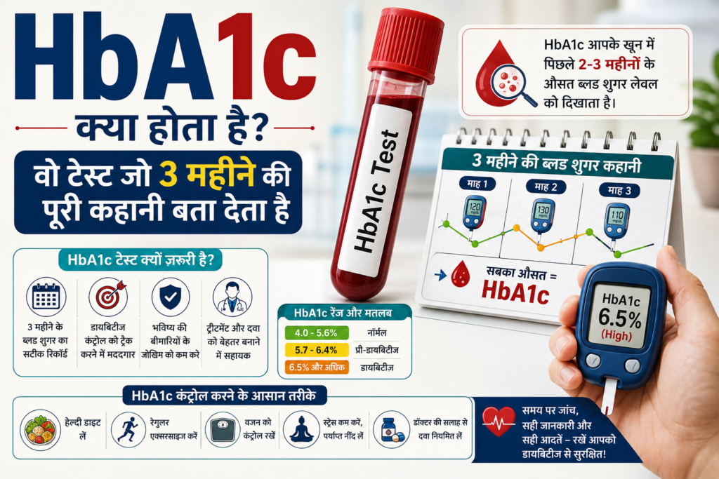 HbA1c test meaning, normal range and diabetes monitoring guide in Hindi.