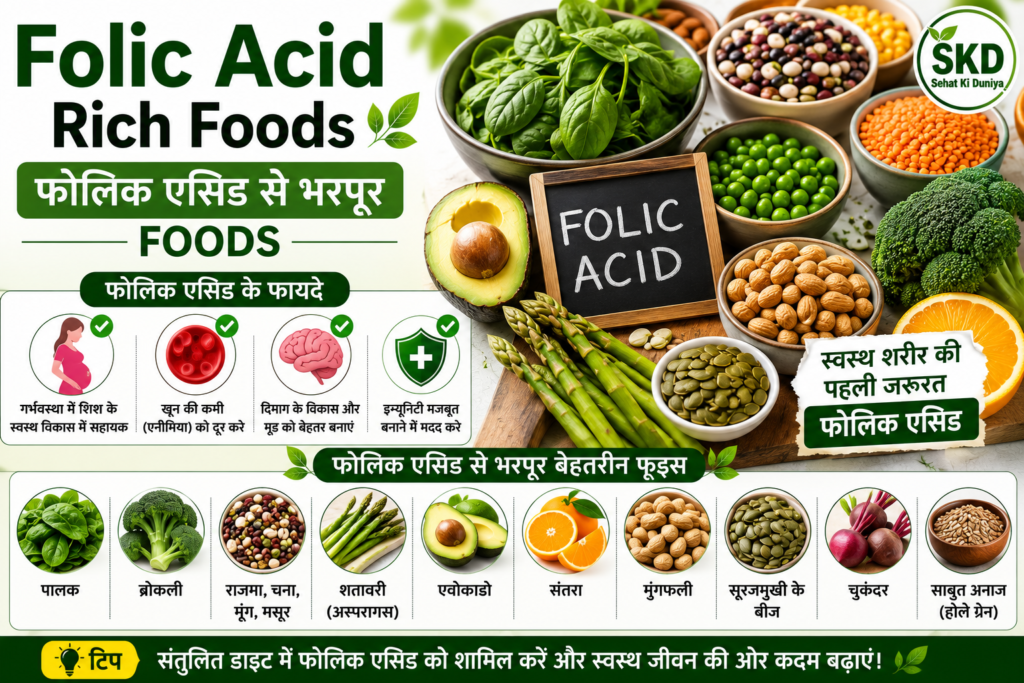 Folic acid rich foods in Hindi for pregnancy, anemia, brain health aur immunity.