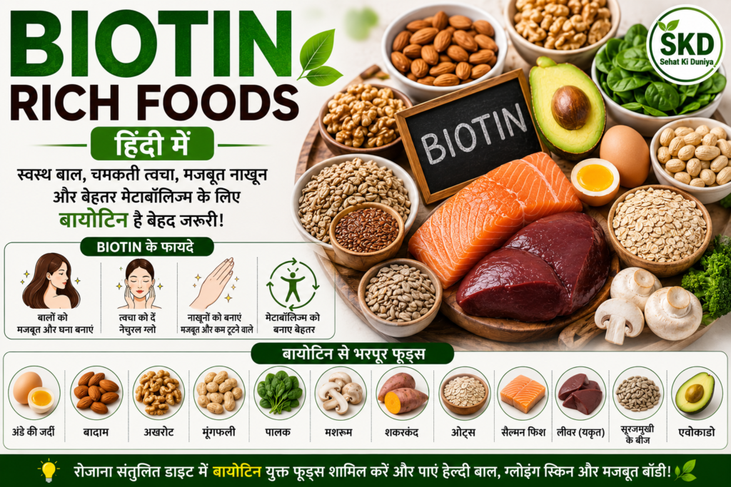 Biotin rich foods in Hindi for healthy hair, glowing skin, strong nails aur better metabolism.