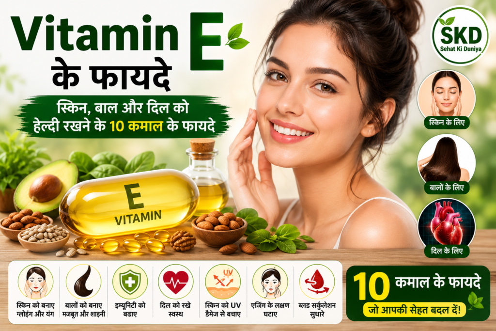 Vitamin E ke fayde skin, baal aur dil ko healthy rakhne ke liye in Hindi.