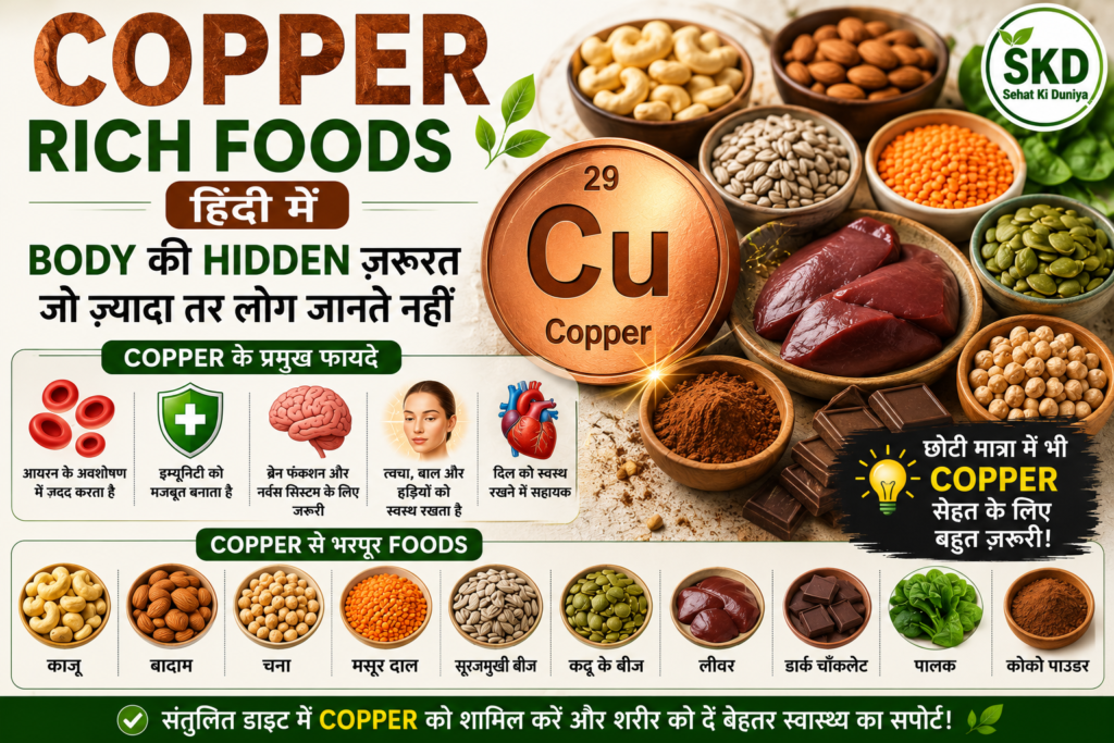 Copper rich foods in Hindi for immunity, brain, heart aur iron absorption.