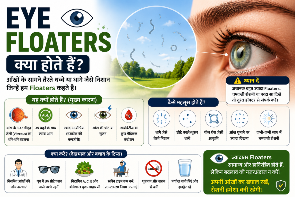 Eye floaters kya hote hain, unke lakshan, karan aur treatment guide in Hindi.