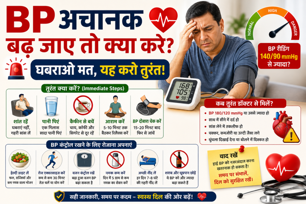 BP achanak badhne par kya kare aur high blood pressure emergency tips in Hindi.