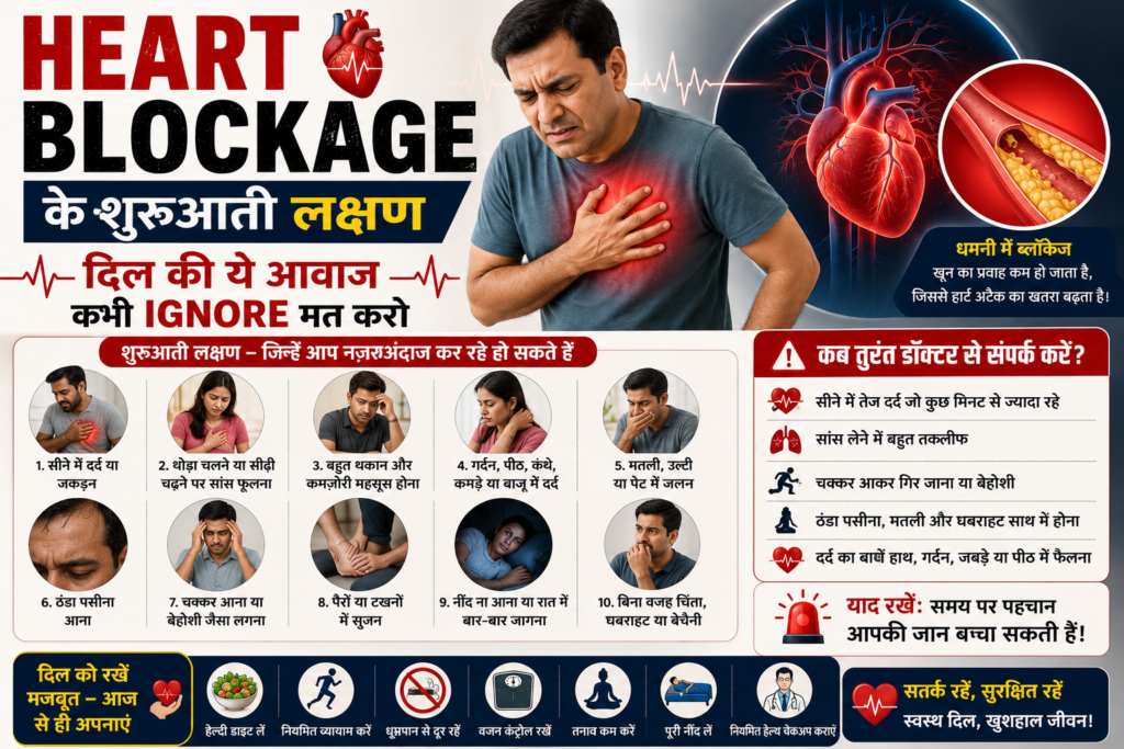 Heart blockage ke shuruaati lakshan aur warning signs in Hindi.