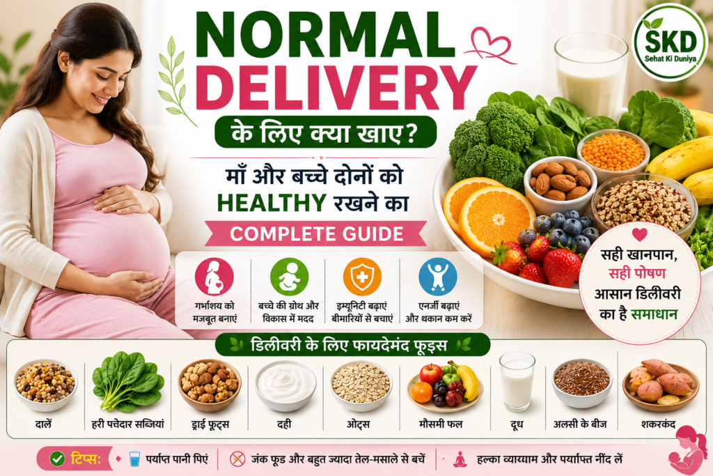 Normal delivery ke liye kya khaye – pregnancy mein healthy foods for mother aur baby in Hindi.