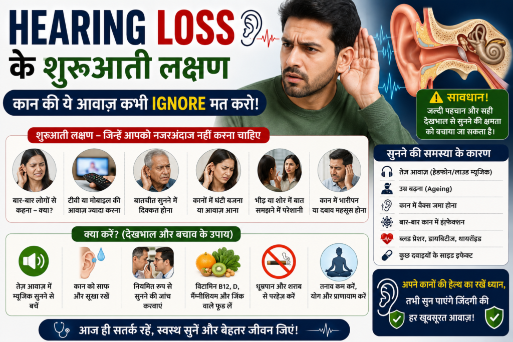 Hearing loss ke shuruaati lakshan, karan aur bachav ke upay in Hindi.