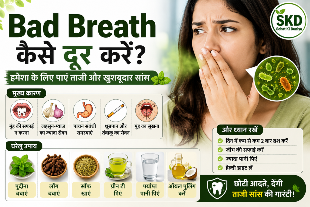 Bad breath kaise dur kare aur muh ki badbu se chutkara pane ke natural upay in Hindi.