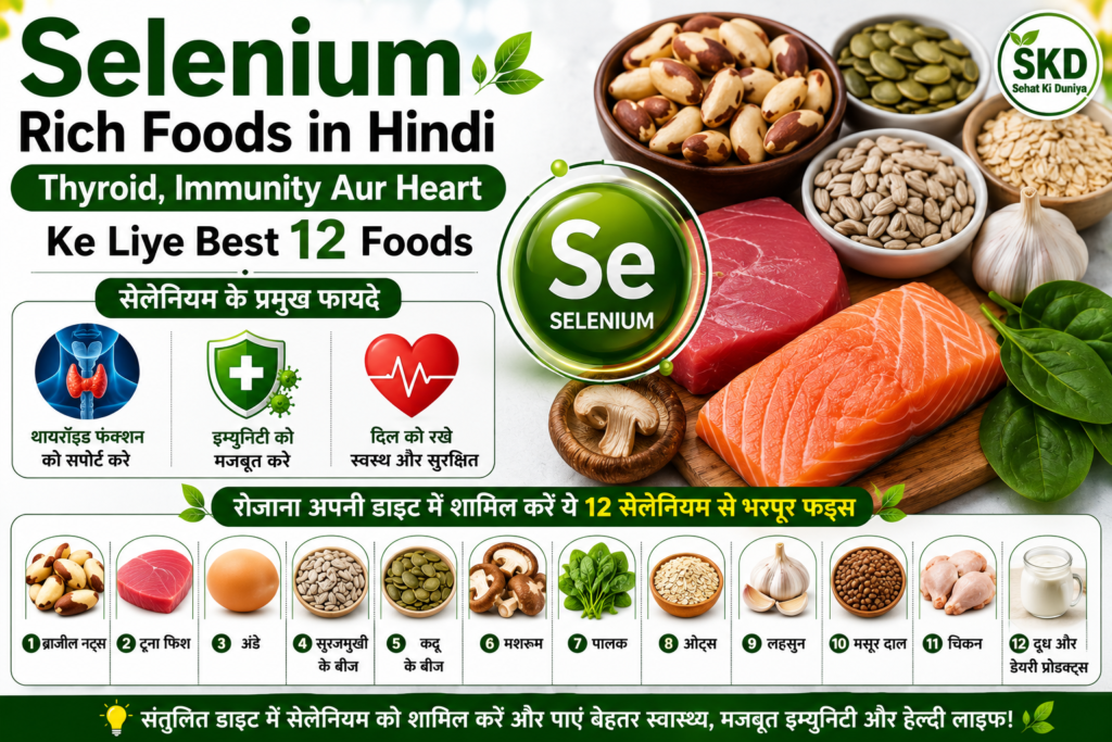 Selenium rich foods in Hindi for thyroid, immunity aur heart health.