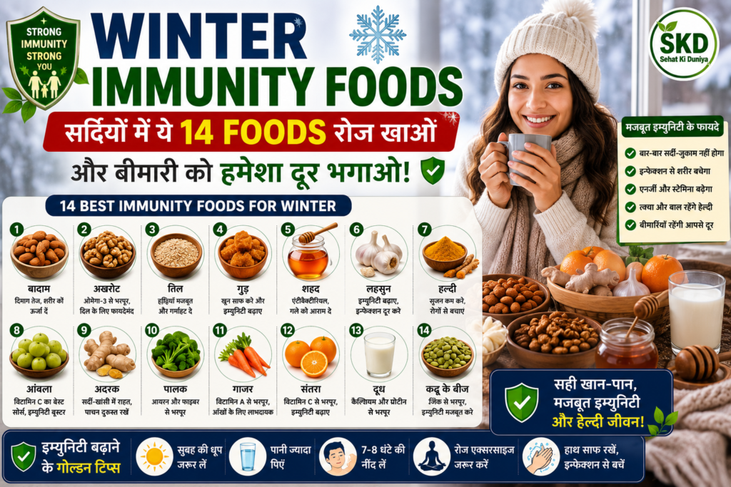 Winter immunity foods in Hindi – sardiyon mein immunity strong rakhne ke liye 14 healthy foods aur diet tips.