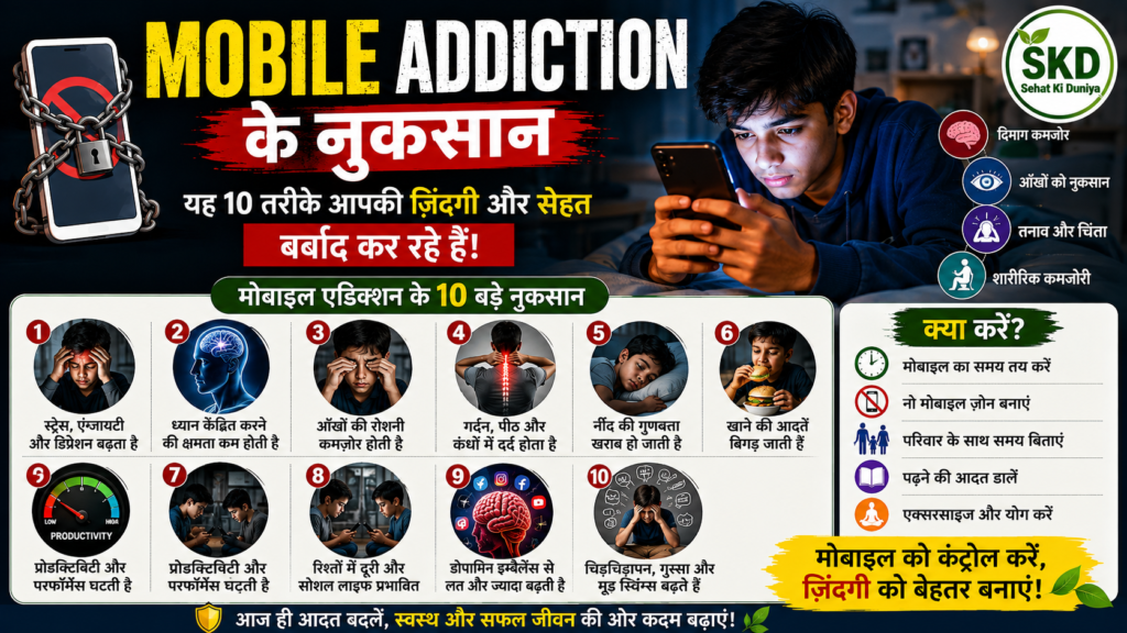 Mobile addiction ke nuksan, smartphone ki lat se sehat aur zindagi par hone wale bure asar in Hindi.