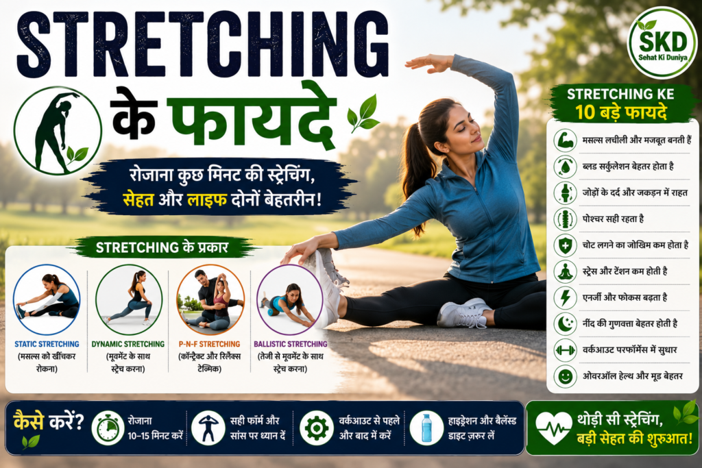 Stretching ke fayde in Hindi – daily stretching se flexibility, blood circulation, posture aur muscle health behtar banane ke benefits.